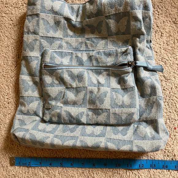 Denim Butterfly Tote Bag, Alternating Patchwork Squares, Zipper Pockets, EUC - Picture 3 of 7